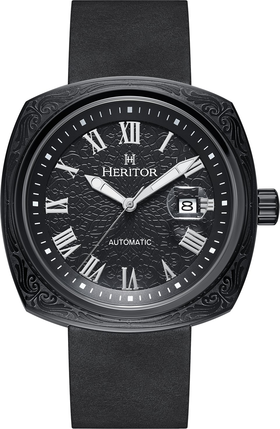 Thumbnail - Montre automatique Heritor Davenport avec boîtier gravé et bracelet en cuir avec date
