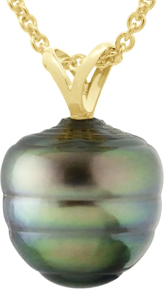 Perlenanhänger V-Faden Gelbgold 750 und echte Tahiti-Zuchtperle eingekreist 9-10 mm