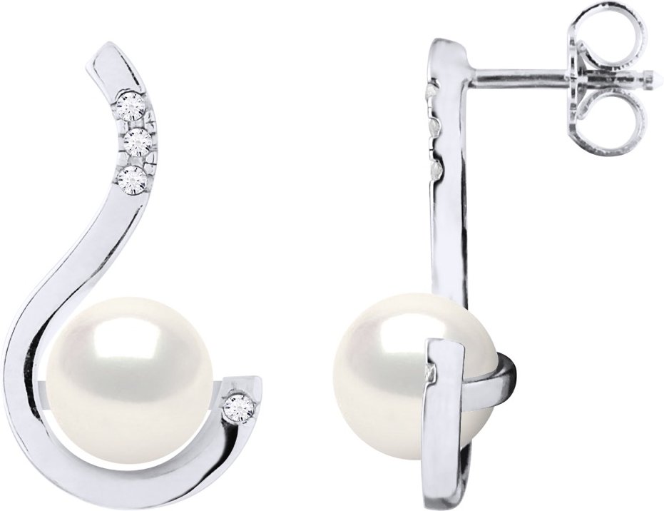 Ohrringe Prestige – Diamanten 0,08 ct – Qualität HSI – Weißgold – echte Süßwasser-Zuchtperlen rund 7–8 mm