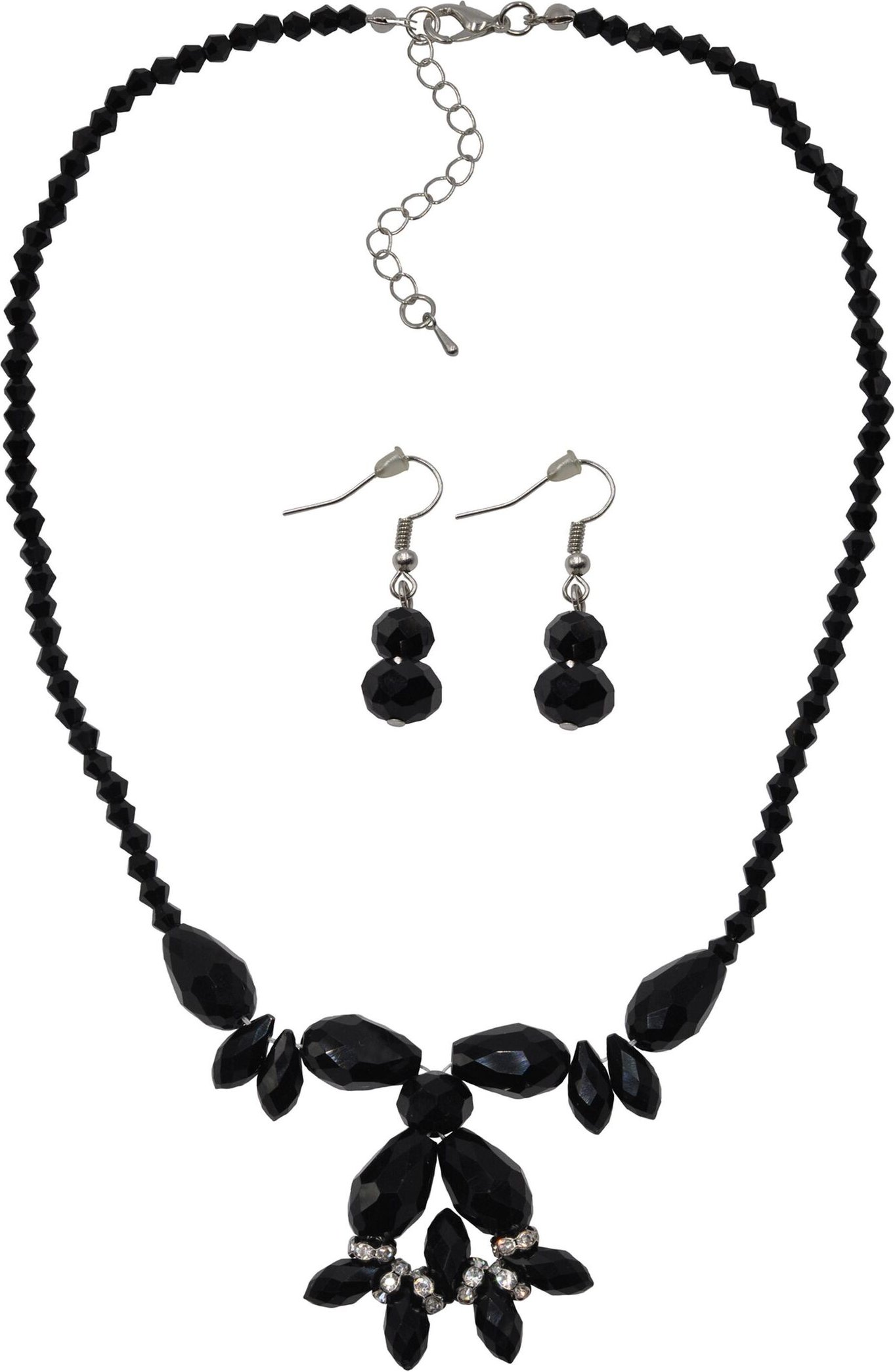 Steuer Modeschmuck Set Kette Ohrringe Messing geschwärzt Glasstein Schwarz