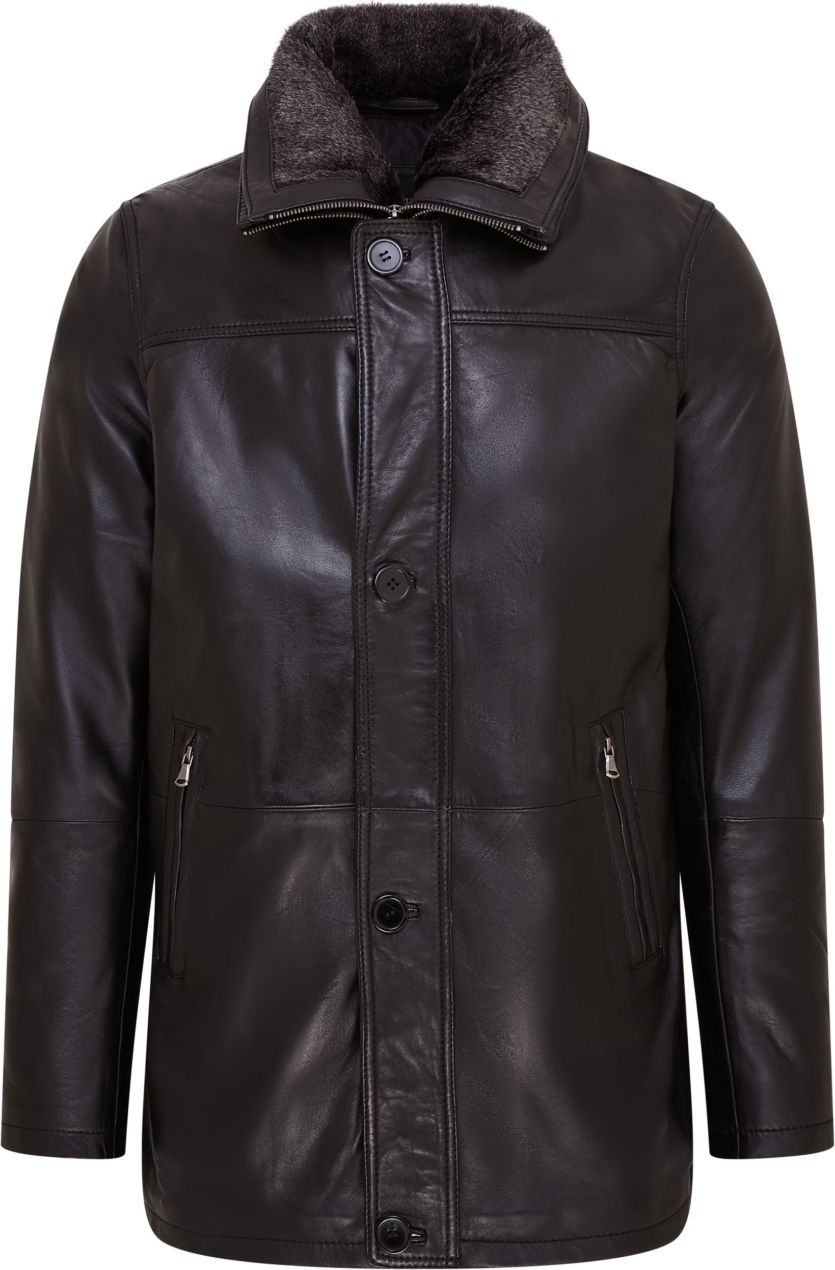 Schwarzer, mittellanger, warmer Trenchcoat aus Leder für Herren - Varkaus