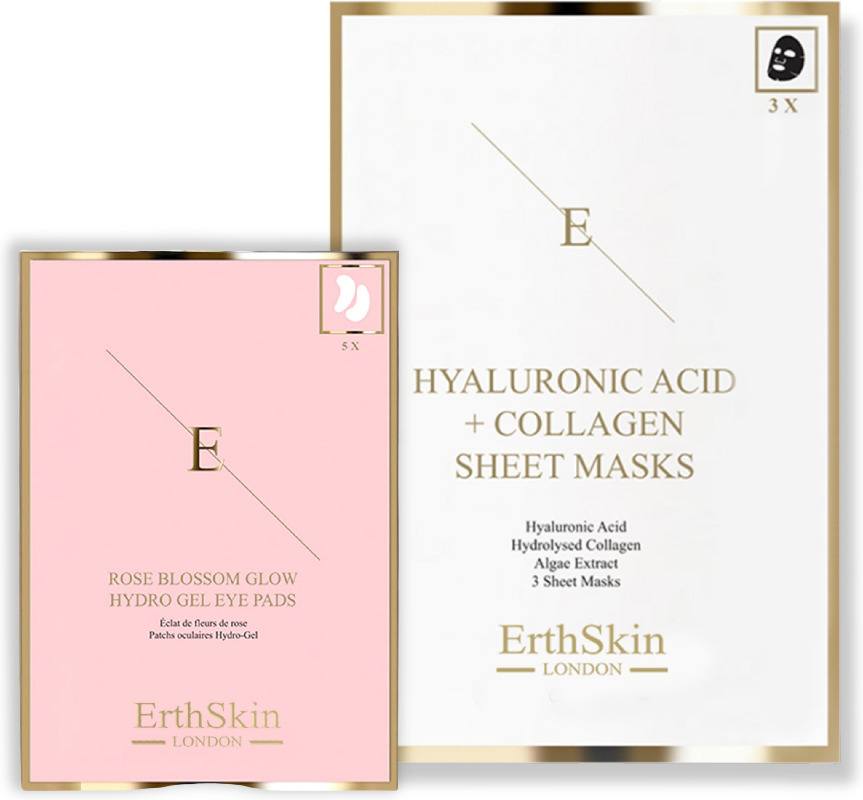Hyaluronsäure- und Kollagenmaske - 3 Blatt + Rose Blossom Glow Hydro-Gel Eye Pads 5 X 2
