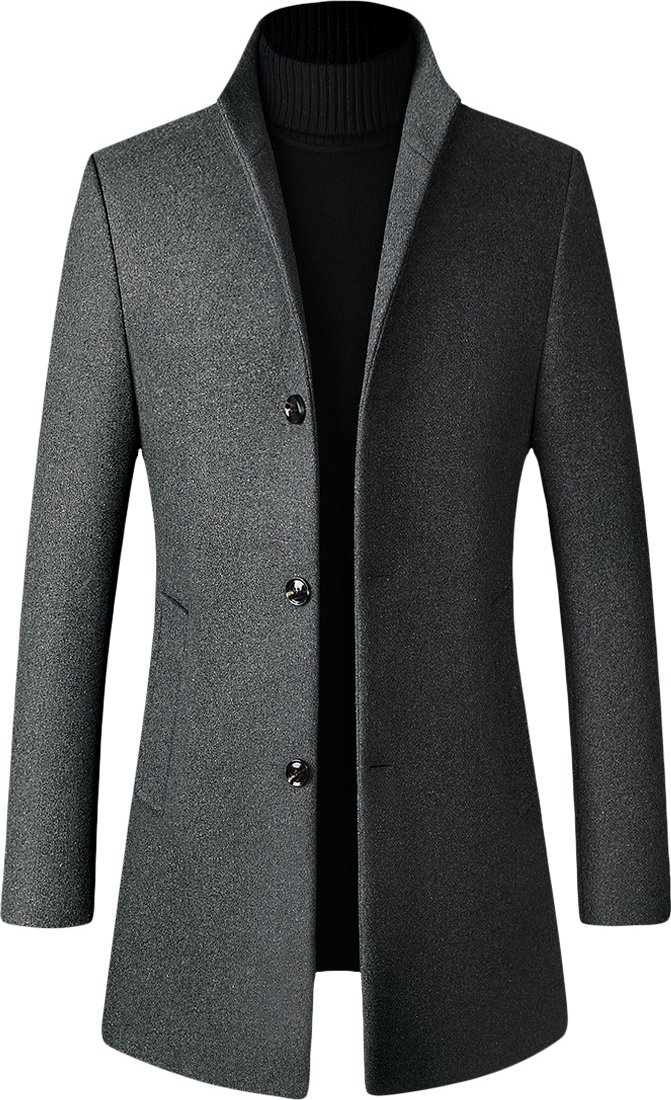Herren Wollmantel Lang Slim Fit Stehkragen Business Mantel für den Winter Grau