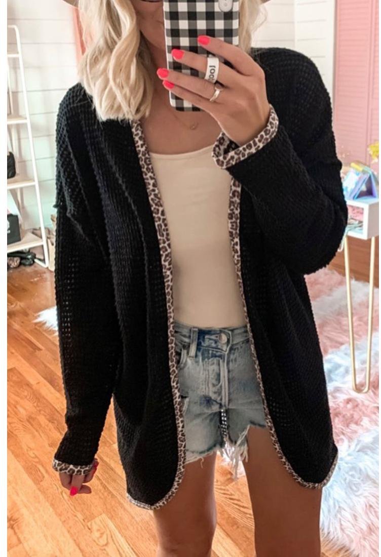 Thumbnail - Azura Exchange Schwarzer Leopard Kontrast Waffelstrick Offene Front Strickjacke