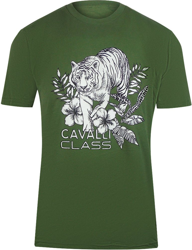 Cavalli Class - T-shirt Mit Tiger-blumenlogo In Militärgrün