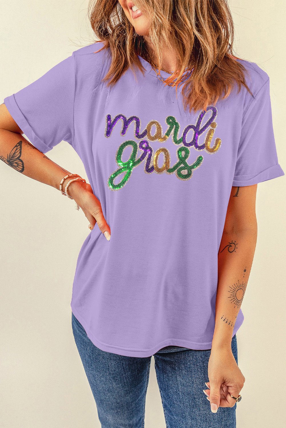 Mardi Gras Pailletten T-Shirt im entspannten Schnitt