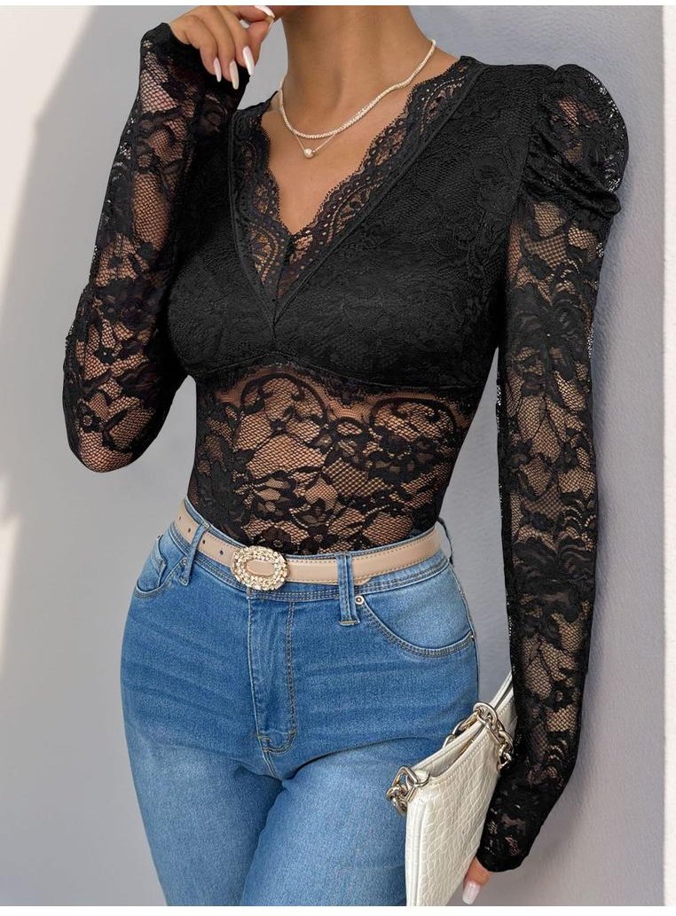 Thumbnail - Damen Perfee Spitzen-V-Ausschnitt Langarm-Bodysuit