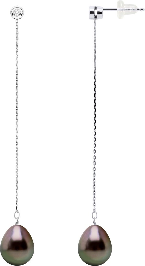 Ohrringe Prestige – Diamanten 0,02 ct – Weißgold – echte Tahiti-Zuchtperlen, Birne 9–10 mm