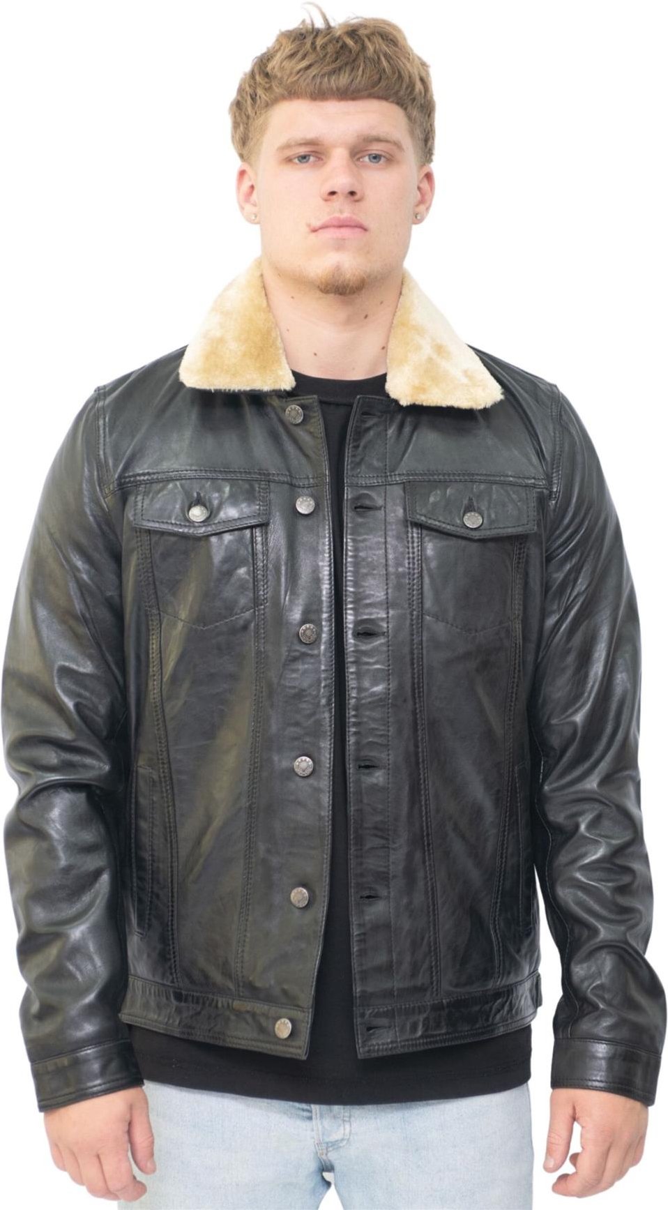 Herren-Truckerjacke aus Leder mit abnehmbarem Kragen-Zagreb