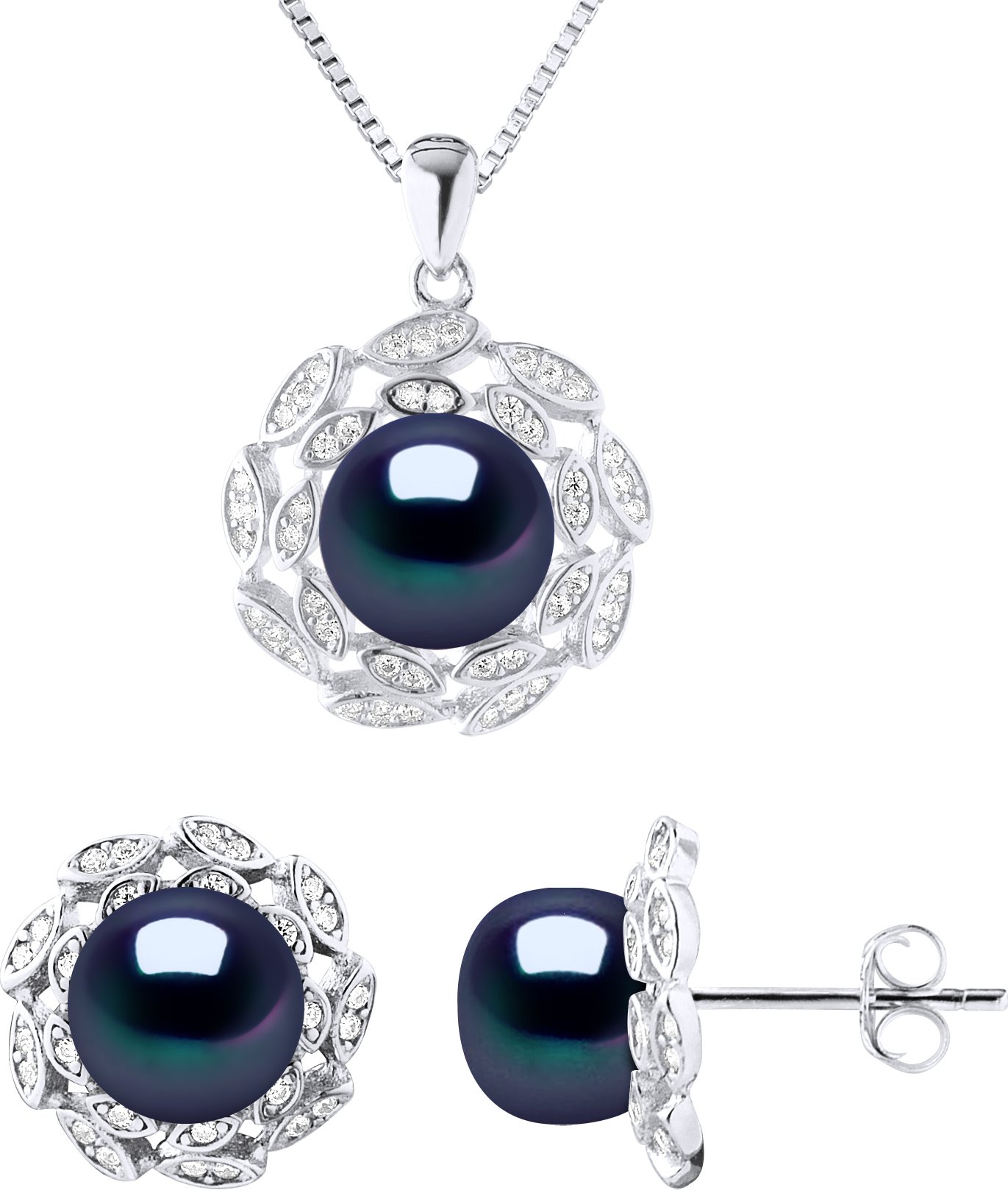 Schmuck Halskette 9-10mm & Ohrringe FLOWER Sweet Water Perlen 9-10mm Schwarz 925