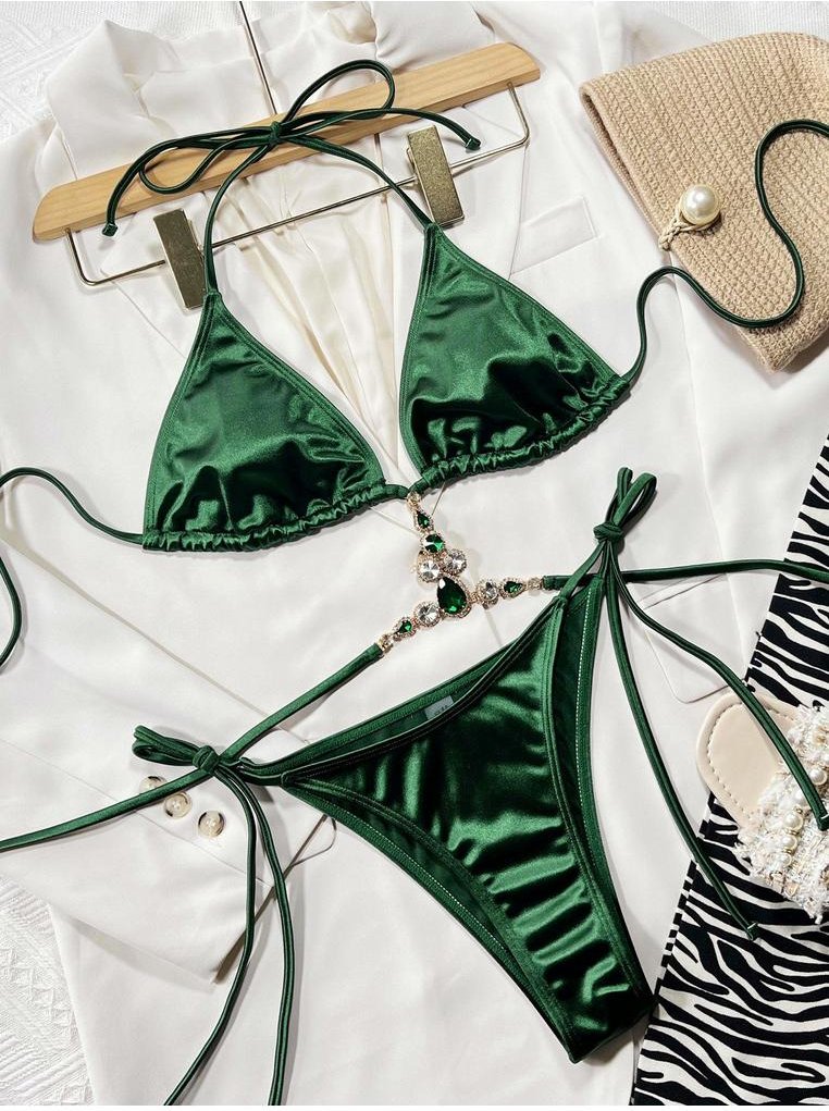 Damen Bikini-Set mit Strass-Dekor und Halterneck