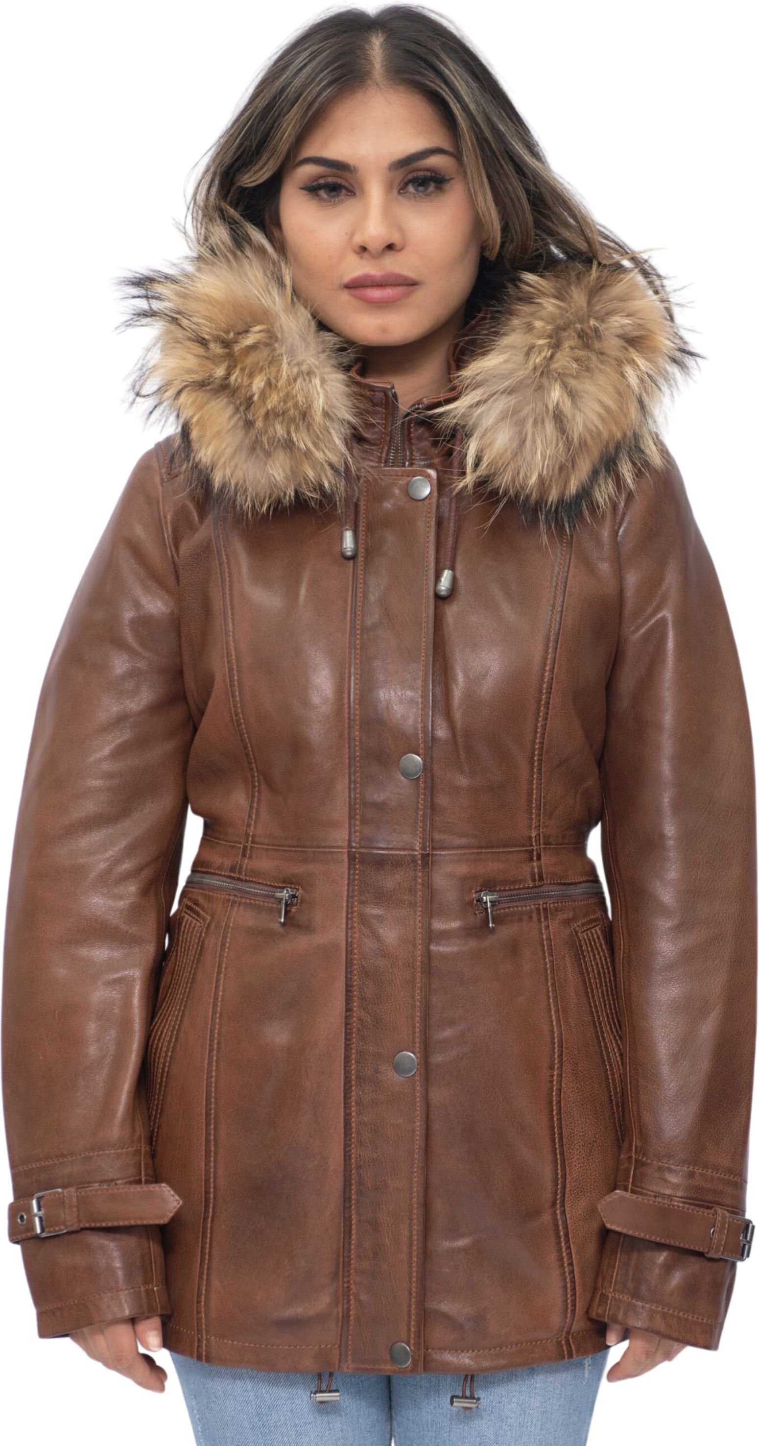 Damen-Parkajacke aus Leder mit Kapuze – Putian
