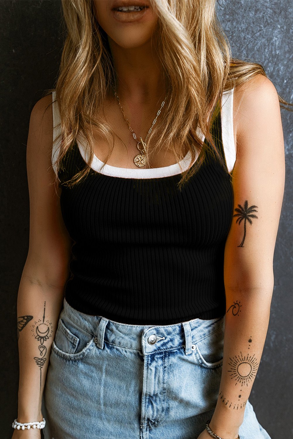 Rippstrick ärmelloses Tanktop mit Rundhalsausschnitt