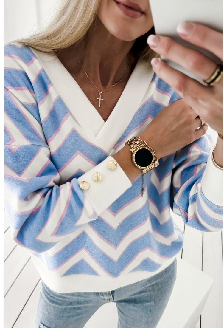 Thumbnail - Azura Exchange Himmelblau Zickzack-Streifen Druck V-Ausschnitt Oversized Top