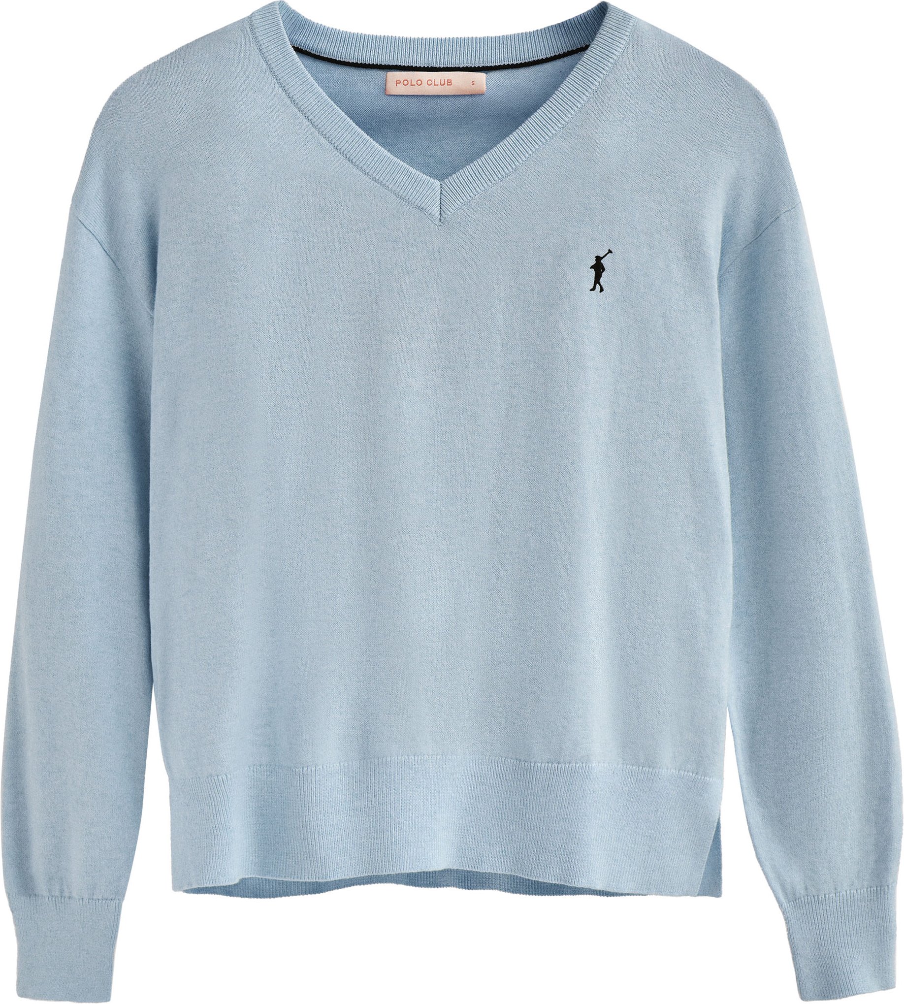 Pullover hellblau meliert aus Wollgemisch mit V-Ausschnitt mit gesticktem Rigby Go-Logo