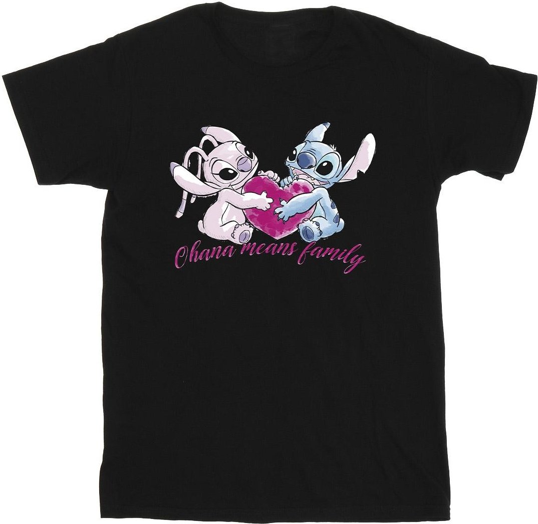 Disney Mädchen Lilo und Stitch Ohana Herz mit Engel Baumwolle T-Shirt (schwarz)
