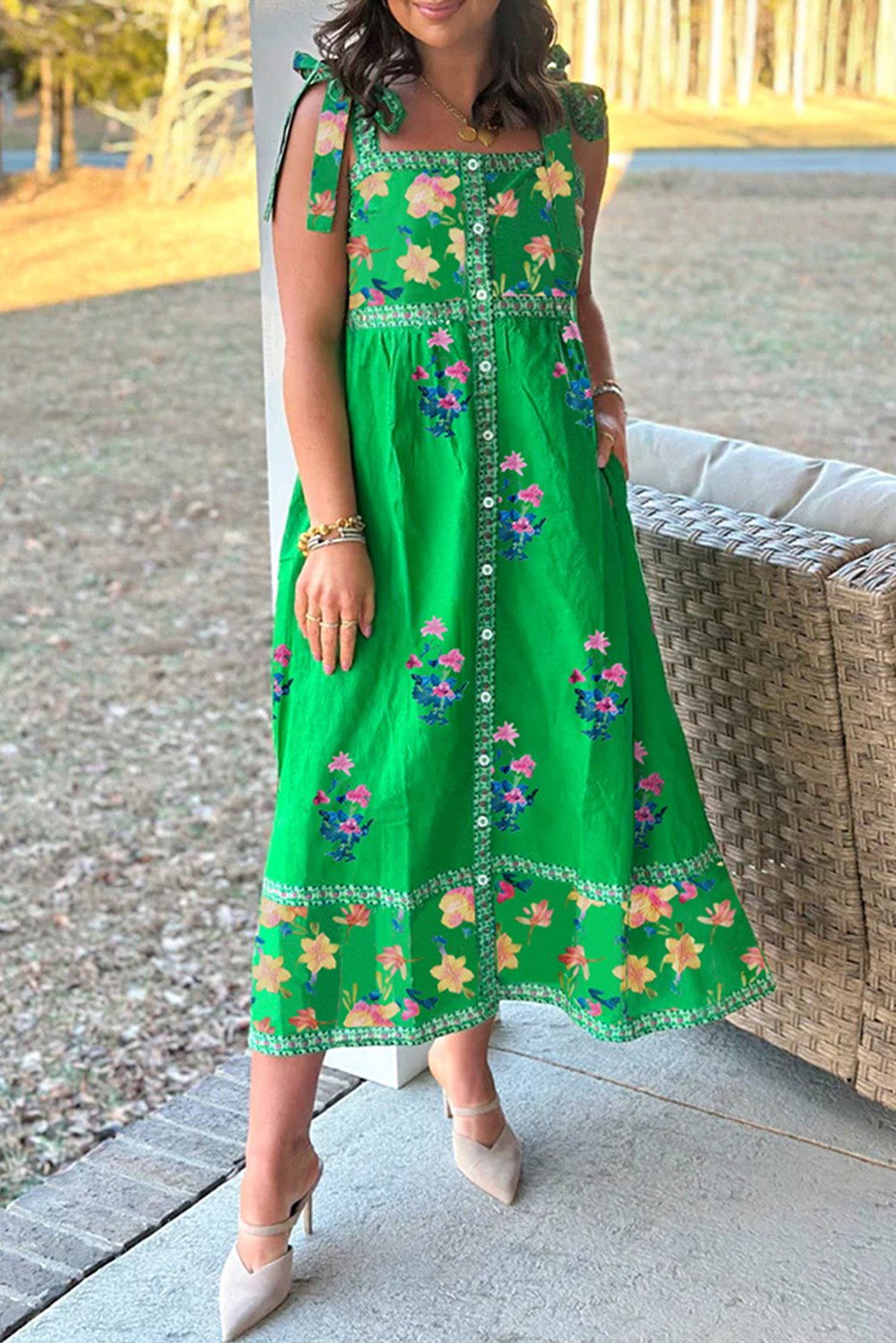 Blumenmuster Buttondown Midi Kleid