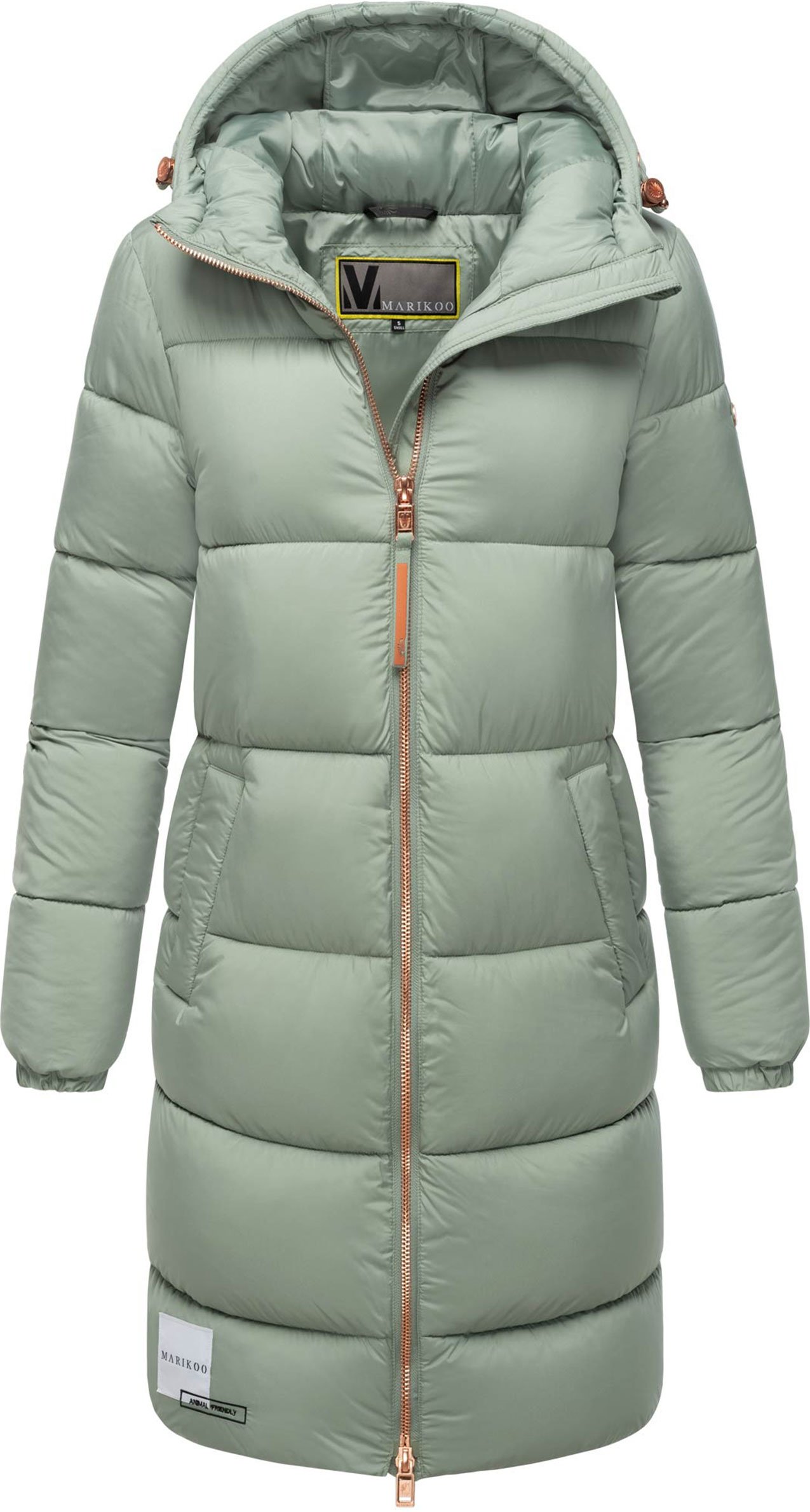 Marikoo lange Damen Steppjacke mit Kapuze & Kragen – Modell Nomadiaa