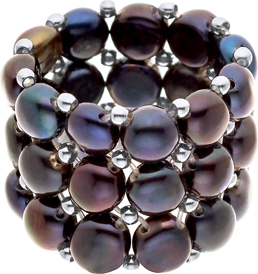 Bague Triple élastiquée Perles d'Eau Douce Noires 3-4 mm - Argent 925