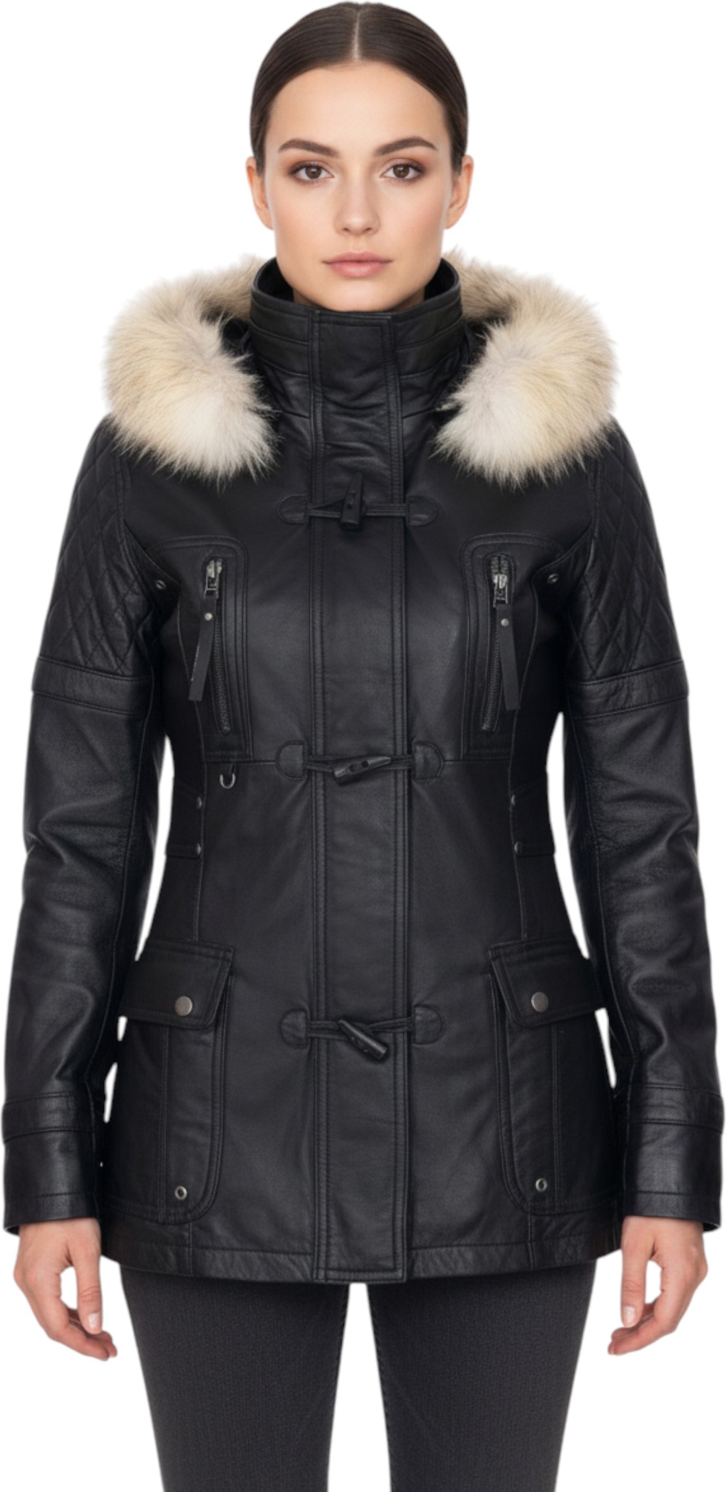 Damen-Parka mit Steppung und Pelzkapuze, Schwarz, Lammleder – Duchess