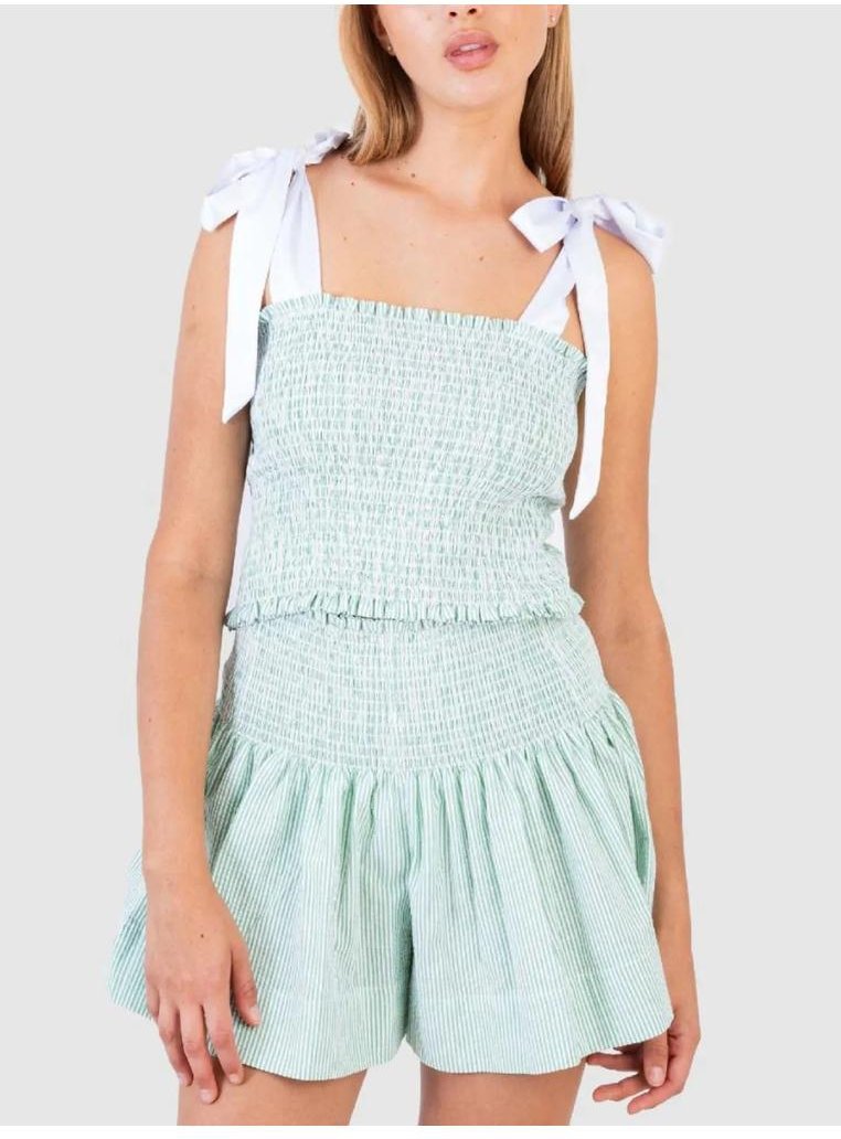 Damen Smocked Bändchen Träger Top und Shorts Set