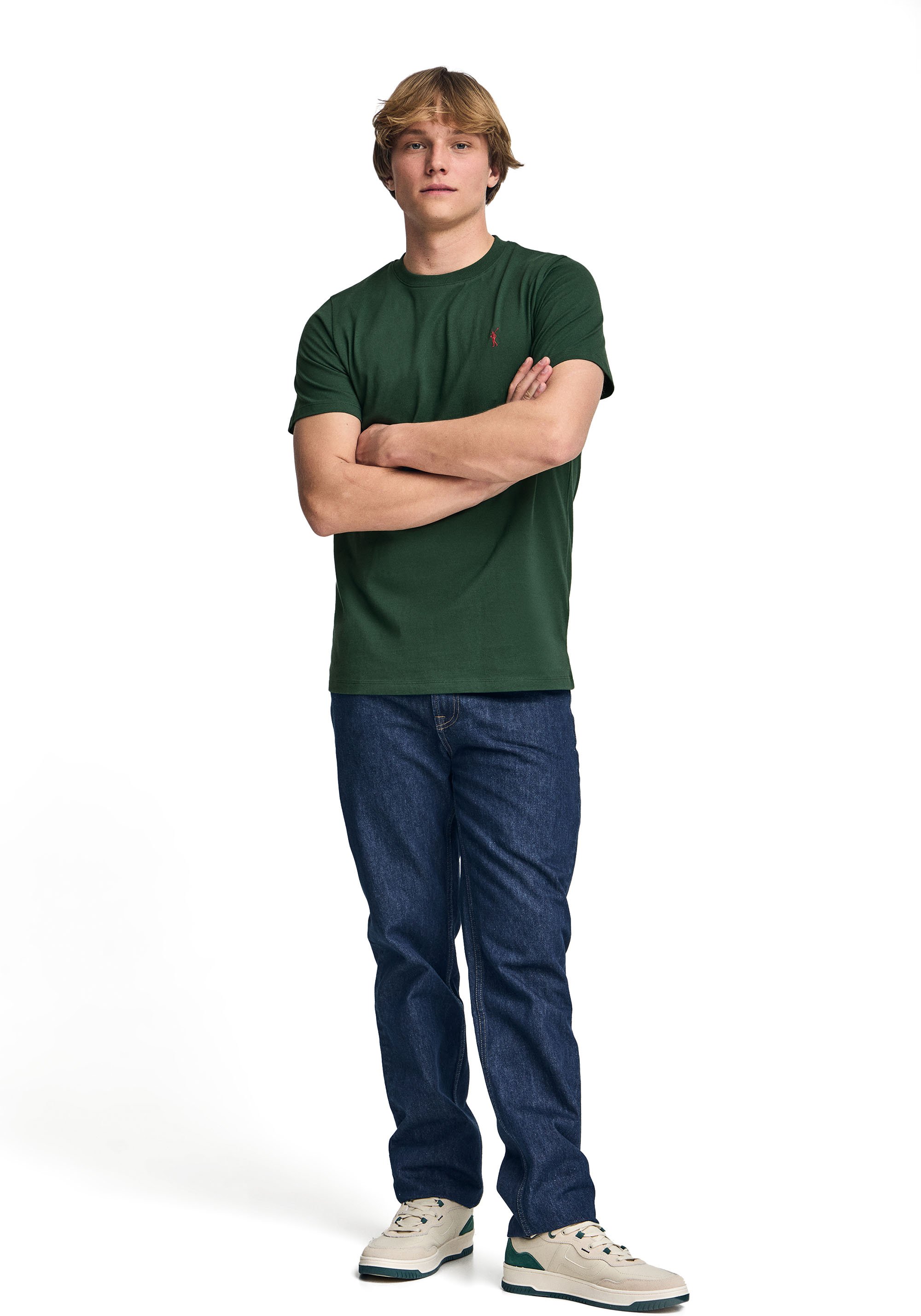 T-Shirt flaschengrün mit Rundhalsausschnitt und Rigby Go Stickerei