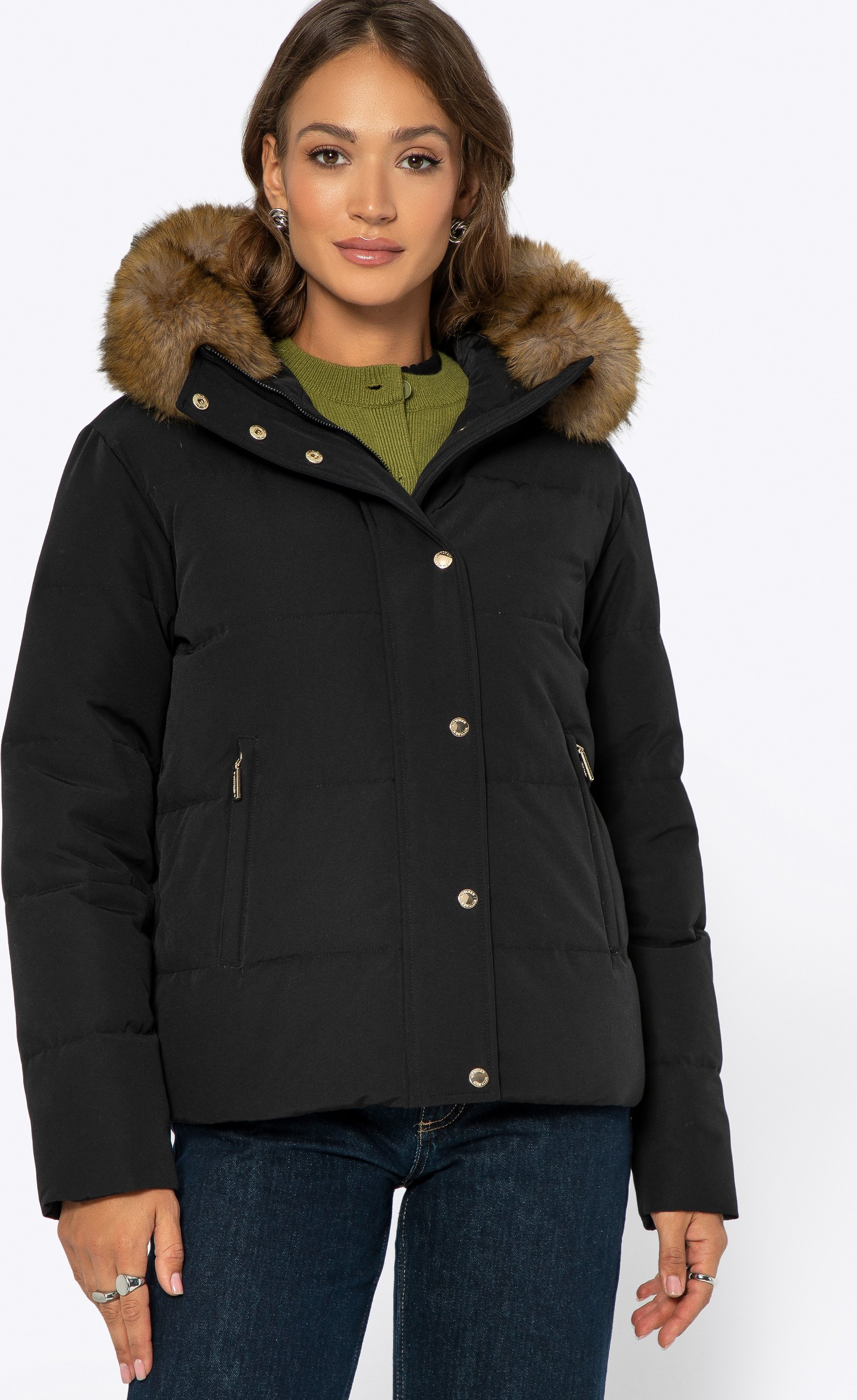 Wittchen Damen-Daunenjacke mit Pelzkapuze, Schwarz, Schwarzes Polyester