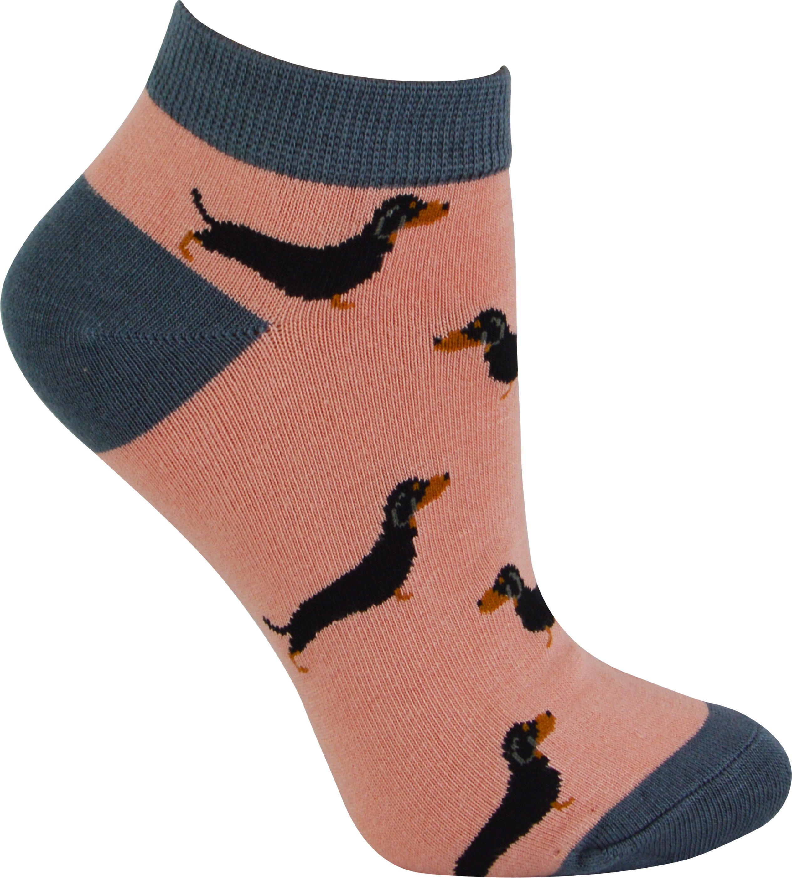 Damen Bambus Trainer Socken | Miss Sparrow | Atmungsaktive Low Cut Socken für Frauen - Sausage Dogs (Pink)