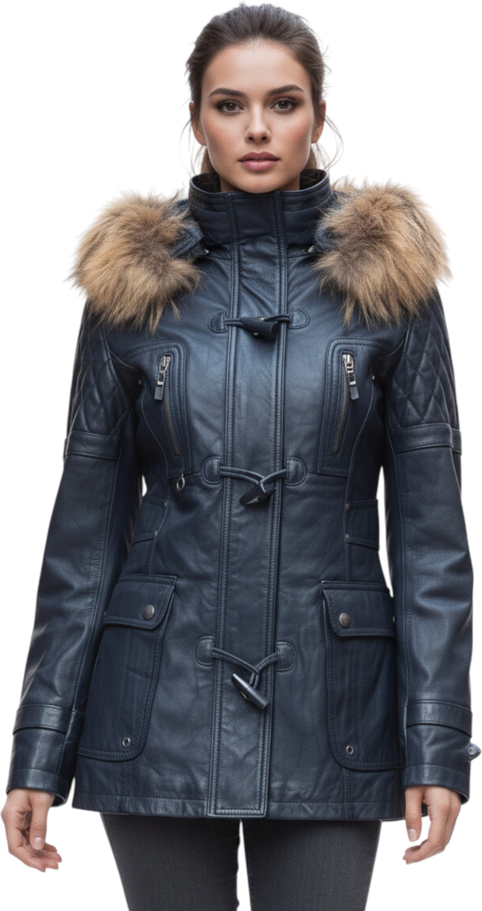 Damen-Parka mit Steppjacke aus Lammleder und Pelzkapuze in Marineblau – Duchess