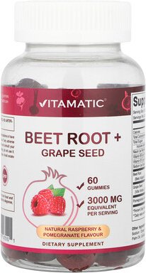 Vitamatic, Beet Root + Grape Seed Gummies, Fruchtgummis aus Betewurzel und Traubenkernen, natürliche Himbeere und Granat...