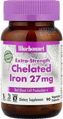 Bluebonnet Nutrition, Chelated Iron, Extra-Strength, chelatiertes Eisen, extra stark, 27 mg, 90 pflanzliche Kapseln