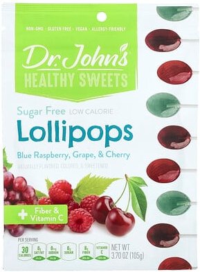Thumbnail - Dr. John's Healthy Sweets, Lutscher, + Ballaststoffe und Vitamin C, blaue Himbeere, Traube und Kirsche, zuckerfrei, 105 ...