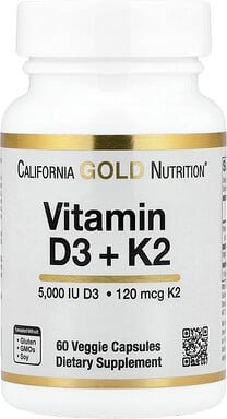 California Gold Nutrition, Vitamin D3 + K2 as MK-7, Nahrungsergänzungsmittel mit Vitamin D3 und K2 als MK-7, 60 pflanzli...