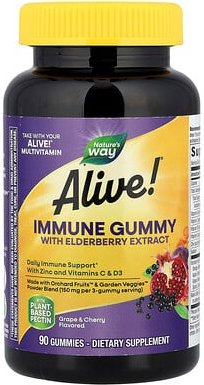 Thumbnail - Nature's Way, Alive!® Immune Gummy with Elderberry Extract, Fruchtgummis mit Holunderextrakt, Traube und Kirsche, 90 Fru...