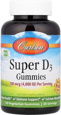 Thumbnail - Carlson, Super D3 Gummies, natürliche Frucht, 120 vegetarische Fruchtgummis (25 mcg (1.000 IU) pro Fruchtgummi)