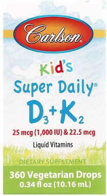 Carlson, Kid‘s, Super Daily D3+K2, Vitamin D3 und K2 für Kinder, 25 mcg (1.000 IU) und 22,5 mcg, 10,16 ml (0,34 fl. oz.)