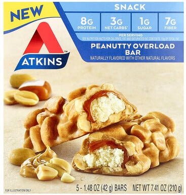 Atkins, Snack, Peanutty Overload Bar, Energieriegel, 5 Riegel, je 42 g (1,48 oz.).