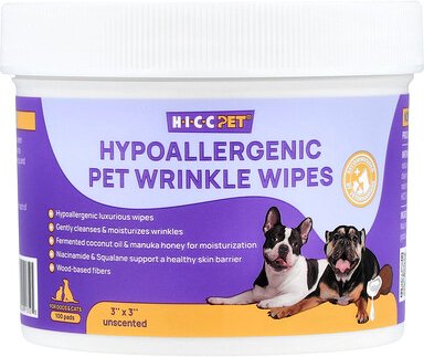 HICC Pet, Hypoallergenic Pet Wrinkle Wipes, hypoallergene Wrinkle-Tücher für Hunde und Katzen, parfümfrei, 100 Tücher