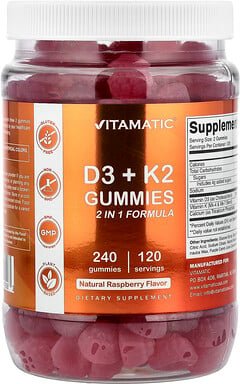 Vitamatic, D3 + K2 Gummies, D3 + K2-Fruchtgummis, natürliche Himbeere, 240 Fruchtgummis