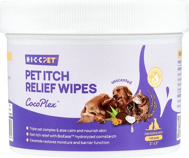 HICC Pet, Pet Itch Relief Wipes, Tücher zur Linderung von Juckreiz bei Hunden und Katzen, duftneutral, 100 Pads