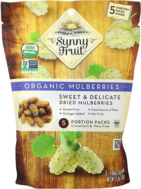 Sunny Fruit, Organic Dried Mulberries, getrocknete Bio-Maulbeeren, 5 Portionspackungen, je 30 g (1,06 oz.).