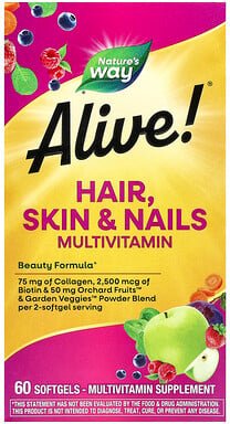 Thumbnail - Nature's Way, Alive!® Hair, Skin & Nails Multivitamin, Multivitamin für Haare, Haut und Nägel, Erdbeere, 60 Weichkapseln