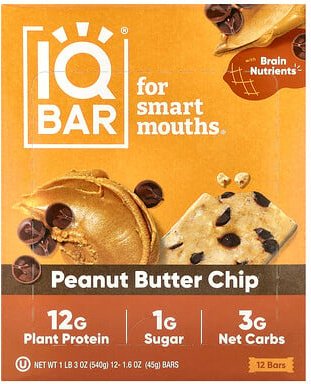 IQBAR, Plant Protein Bar, Peanut Butter Chip, Pflanzenproteinriegel, Erdnussbutter-Chip, 12 Riegel, je 45 g (1,6 oz.).