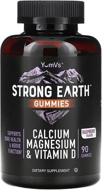 YumVs, Strong Earth Gummies, Calcium, Magnesium und Vitamin D, Himbeere, 90 Fruchtgummis