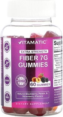 Vitamatic, Fiber Gummies, Ballaststoff-Fruchtgummis, natürliche Brombeere, Pfirsich und Erdbeere, 60 Fruchtgummis