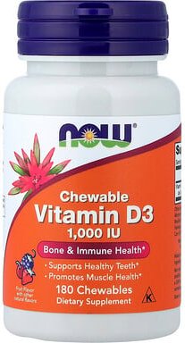 NOW Foods, Chewable Vitamin D-3, Natural Fruit Flavor, kaubares Vitamin D3, natürlicher Fruchtgeschmack, 1.000 IU, 180 K...