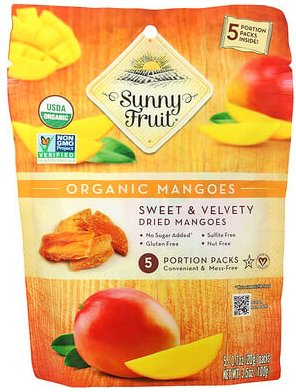 Sunny Fruit, Organic Dried Mangoes, getrocknete Bio-Mangos, 5 Portionspackungen, je 20 g (0,7 oz.).