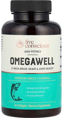Live Conscious, OmegaWell, Premium Omega-3 Formula, hochwertige Omega-3-Formel, hohe Wirksamkeit, 60 Weichkapseln (1.000...