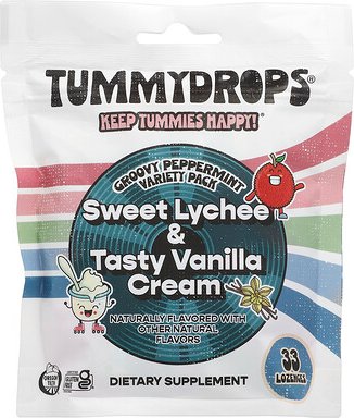 Tummydrops, Groovy Peppermint Variety Pack, süße Litschi und leckere Vanillecreme, 33 Lutschtabletten