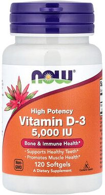 NOW Foods, Vitamin D-3, High Potency, hochwirksames Vitamin D3, 125 mcg (5.000 IU), 120 Weichkapseln